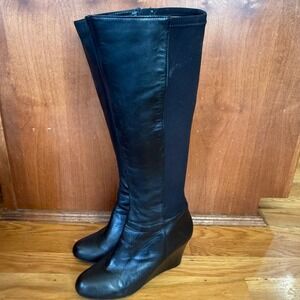 Michael Kors Black Leather Wedge Tall Knee High Boots Mixed Media Size 8.5M